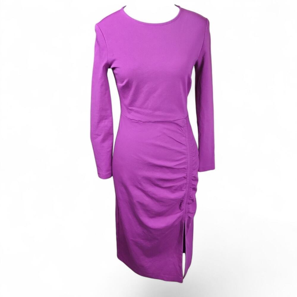 BODEN | Vibrant Purple Ruched Bodycon Long Sleeve Cotton Blend Midi Dress | 4 - Picture 2 of 11
